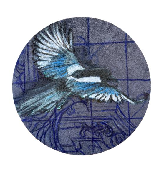 Lentävä lintu sinisellä ruudullisella pohjalla