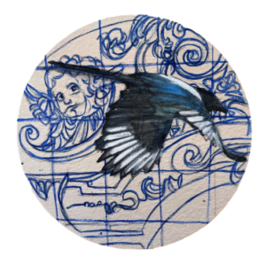 Lentävä harakka koristeellisella taustalla