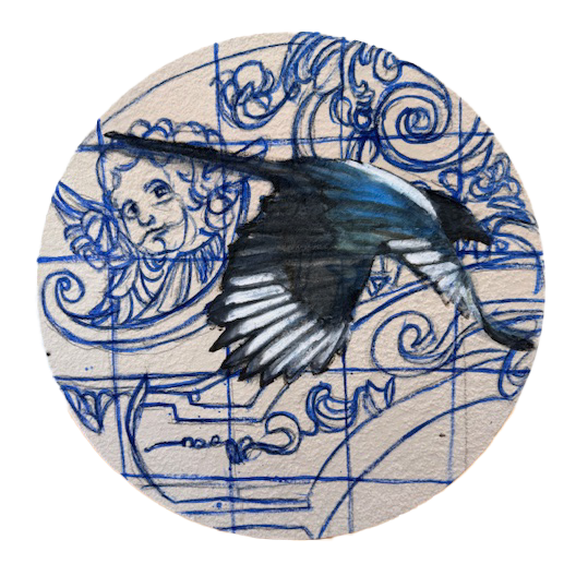 Lentävä harakka koristeellisella taustalla