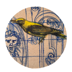 Keltainen lintu sinisellä ornamentilla piirroksessa