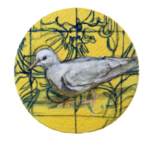 Taiteellinen valkoinen kyyhky, keltainen tausta