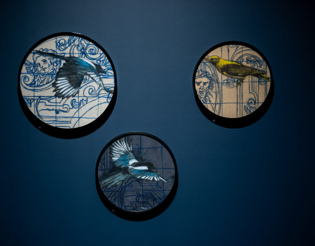 Koristeellisia lintuaiheisia pyöreitä tauluja sinisellä seinällä.