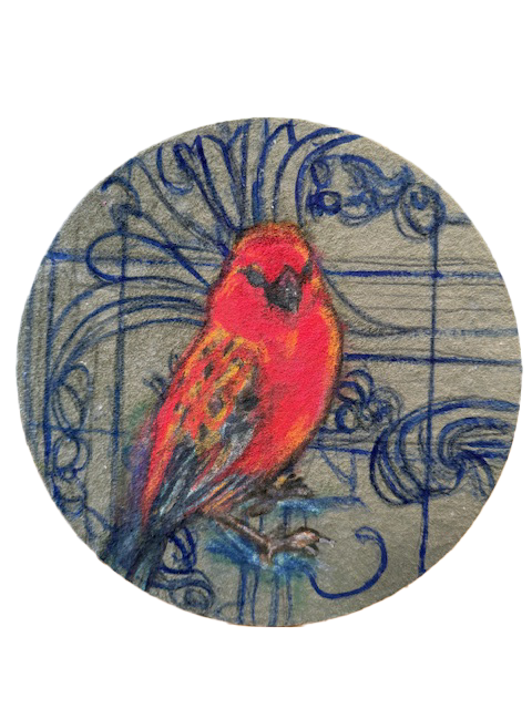 Punainen lintu koristellulla taustalla pyöreässä kuvassa.