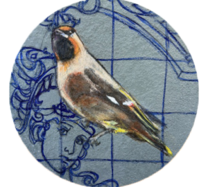 Taidepiirros lintuhahmosta ja koristeellisesta taustasta.