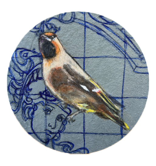 Taidepiirros lintuhahmosta ja koristeellisesta taustasta.