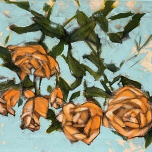 Maalaus oransseista ruusuista sinisellä taustalla