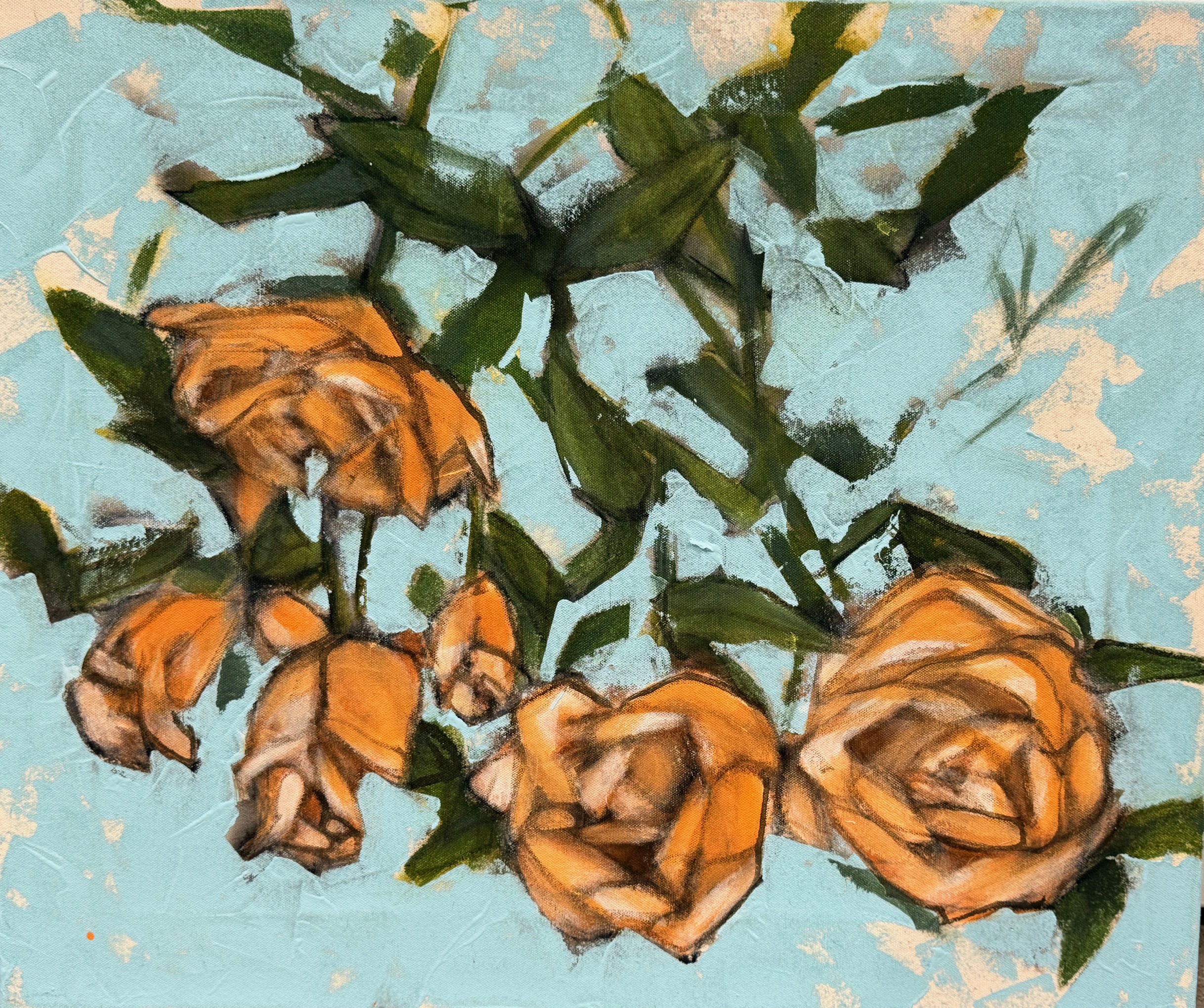 Maalaus oransseista ruusuista sinisellä taustalla