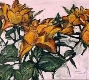 Oransseja ruusuja taidemaalauksessa vaalealla taustalla.