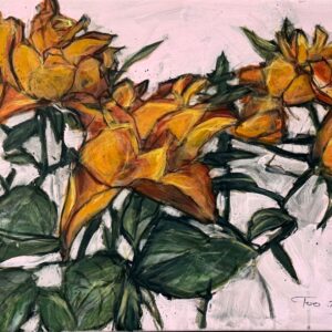 Oransseja ruusuja taidemaalauksessa vaalealla taustalla.