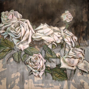 Valkoiset ruusut taidemaalauksessa harmaalla taustalla.
