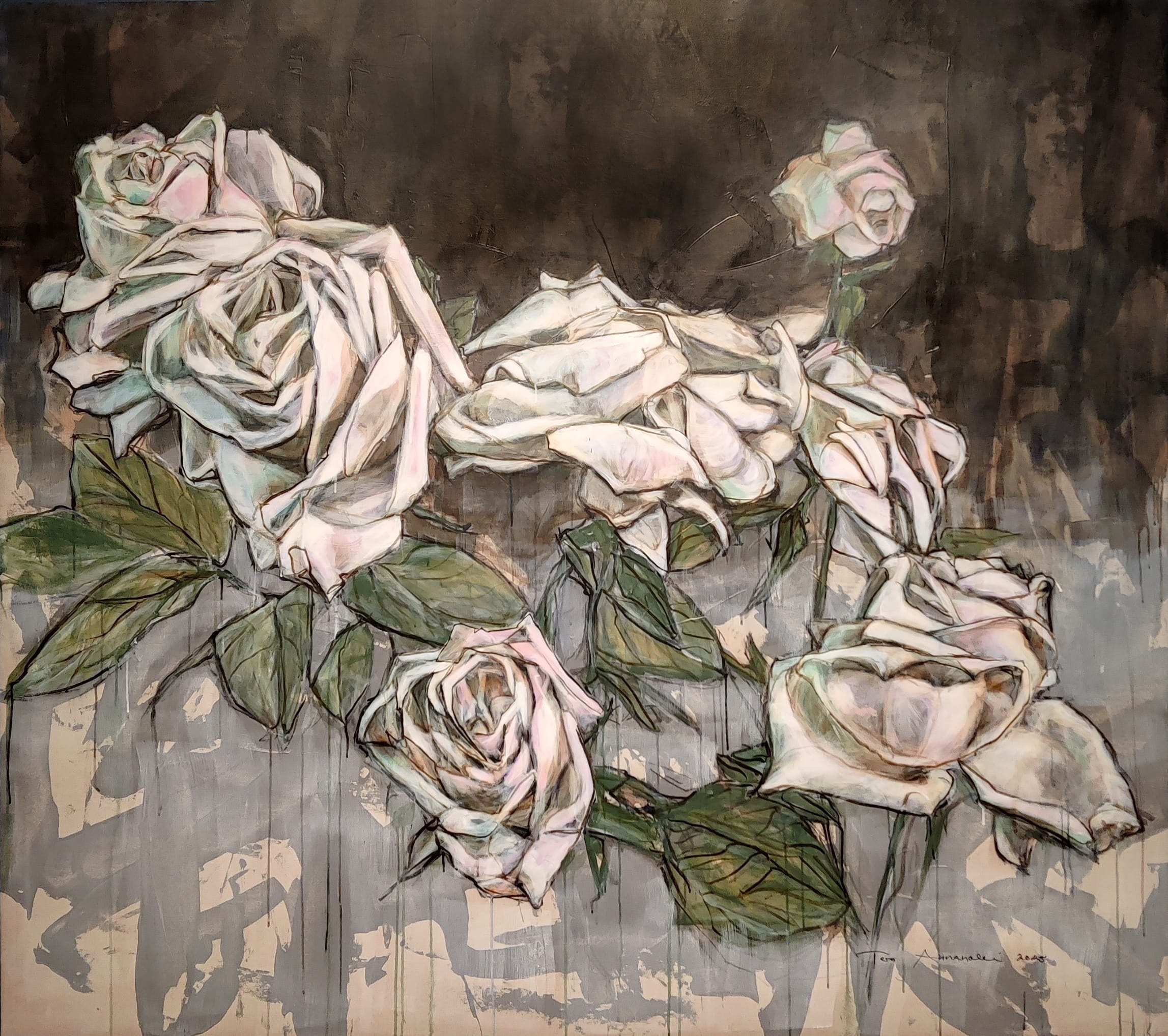 Valkoiset ruusut taidemaalauksessa harmaalla taustalla.