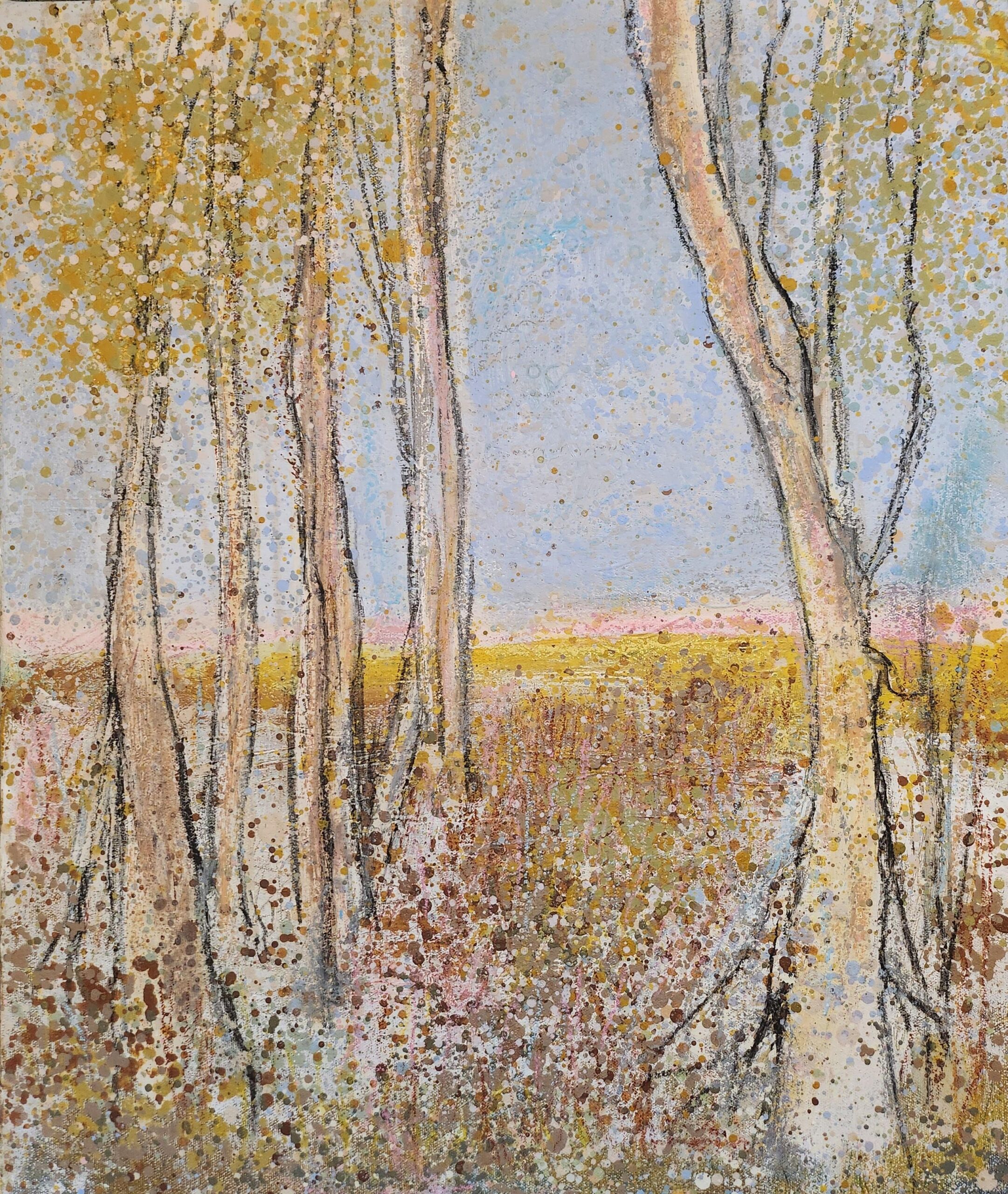 Syksyinen maisema puita ja värikkäitä lehtiä