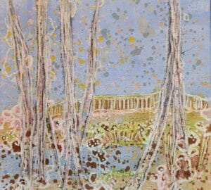 Abstrakti metsämaalaus pastelliväreillä ja pilkuilla