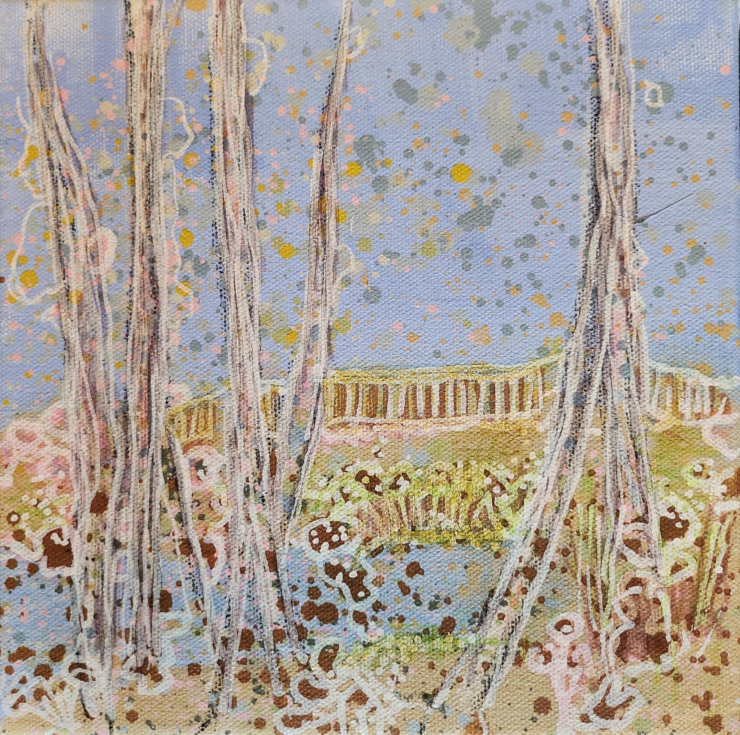 Abstrakti metsämaalaus pastelliväreillä ja pilkuilla