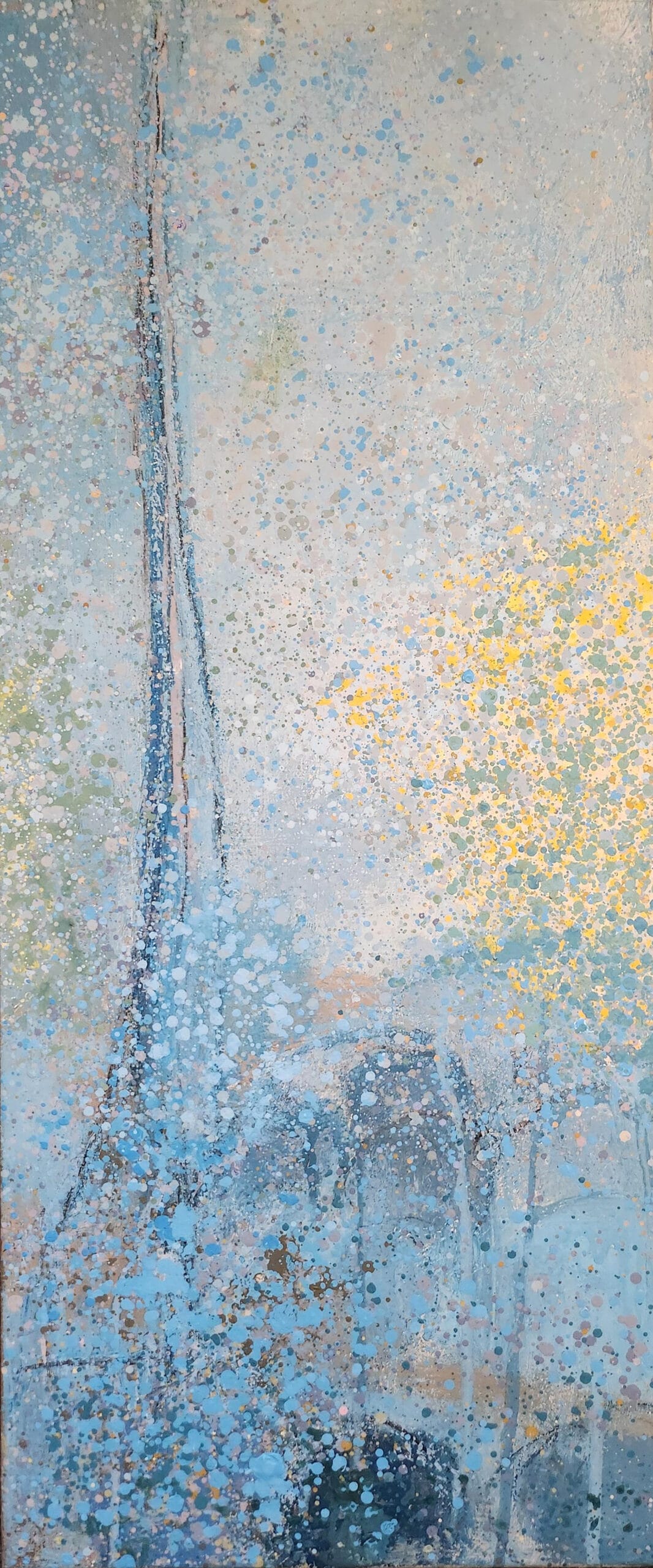 Taide: sinisiä ja keltaisia roiskeita kankaalle