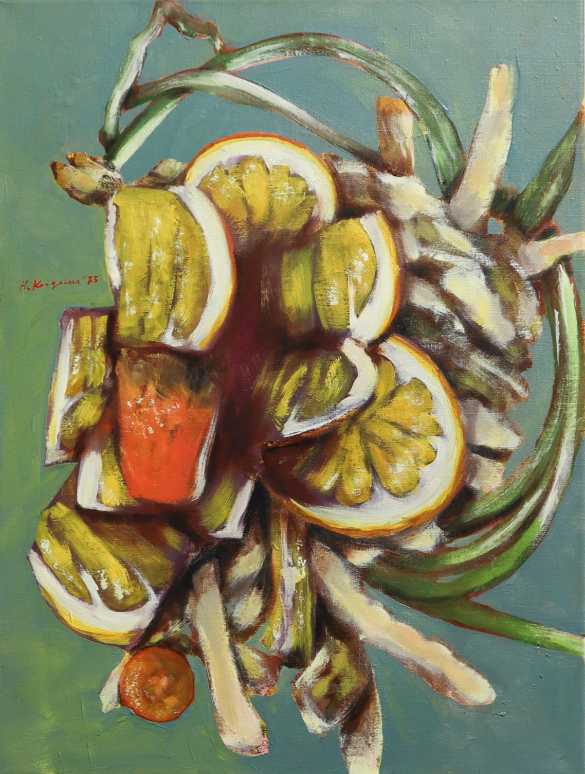 Abstrakti maalaus sitrushedelmistä ja vihreistä varsista.