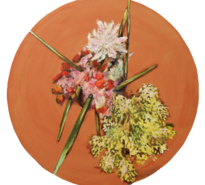 Värikäs kukkataulu ympyränmuotoisella pinnalla