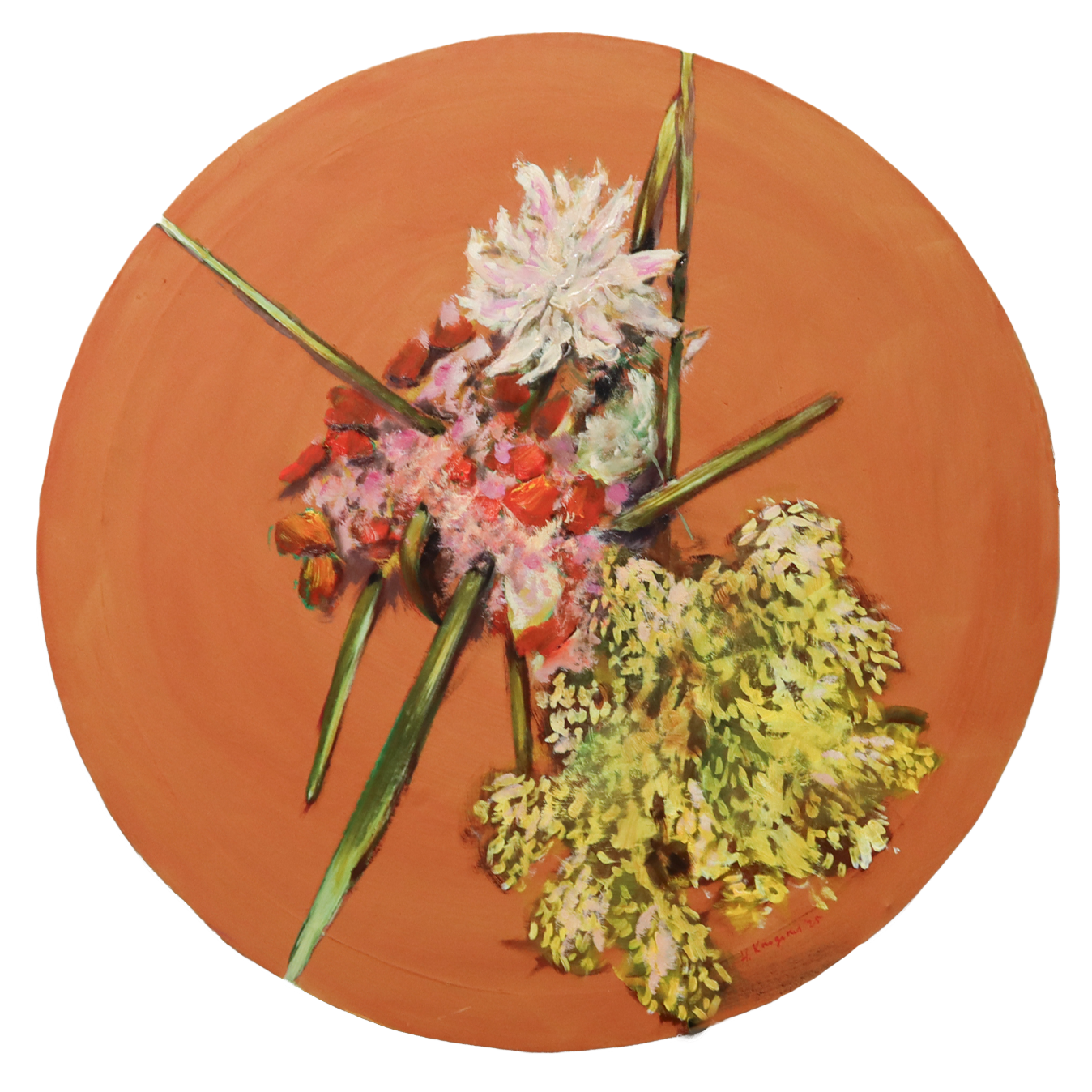 Värikäs kukkataulu ympyränmuotoisella pinnalla