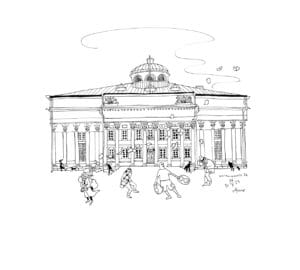 Arkkitehtoninen piirustus rakennuksesta ja ihmisistä liikenteessä.