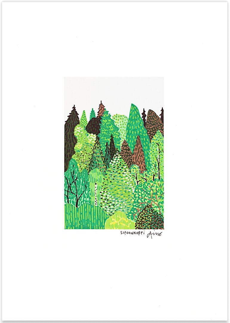 Kuvitus vihreästä metsästä eri sävyissä.