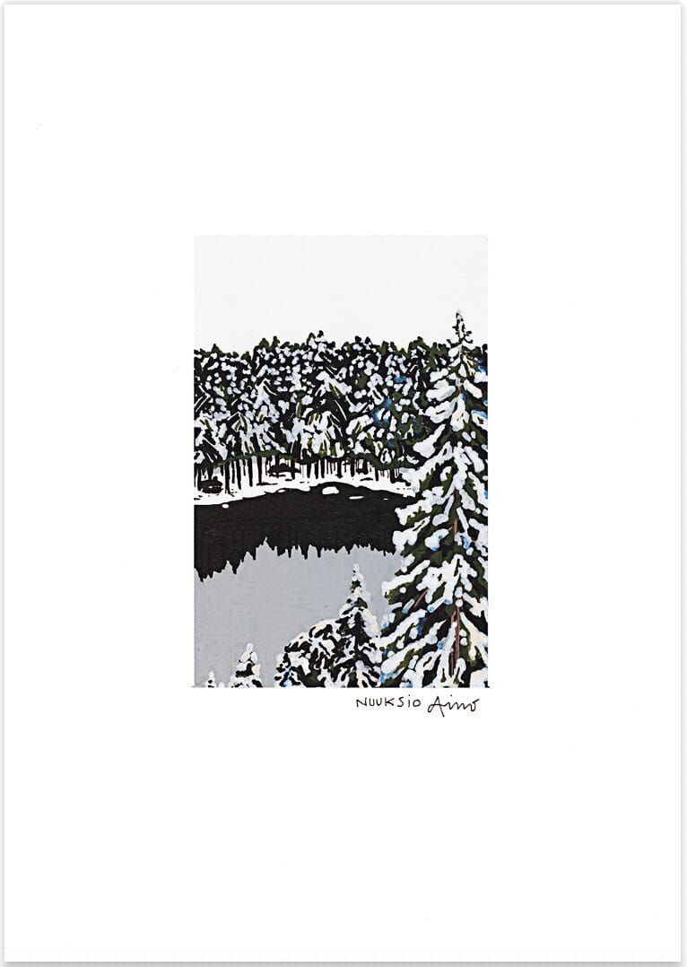 Talvimaisema Nuuksion kansallispuistossa, lumisia puita ja järvi.