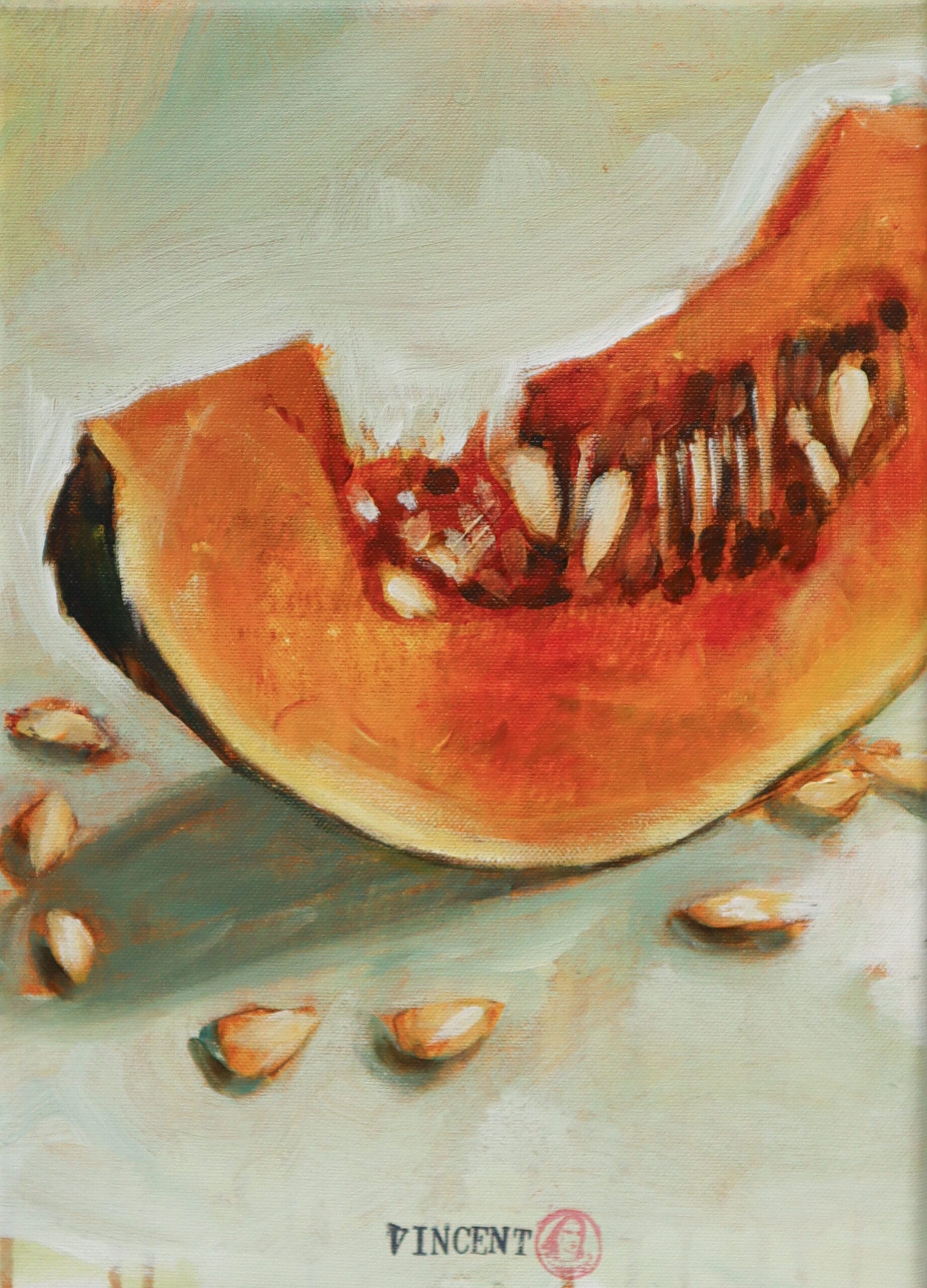 Kurpitsan maalaus siemenillä pöydällä