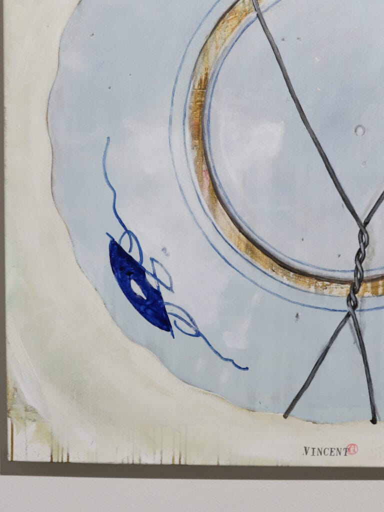 Abstrakti taideteos, sinisiä ja kultaisia viivoja