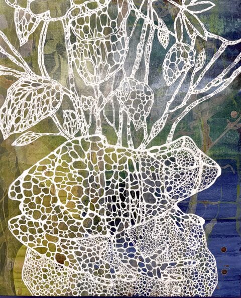 Abstrakti valkoinen puunrakennelma värikkäällä taustalla