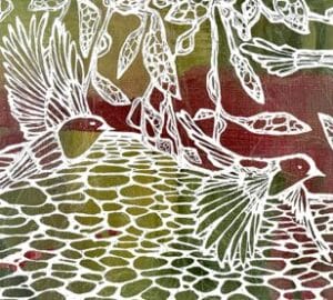 Valkoiset linnut lentävät värikkäällä taustalla.