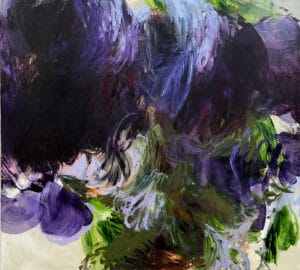 Abstrakti maalaus violetilla, vihreällä ja mustalla.