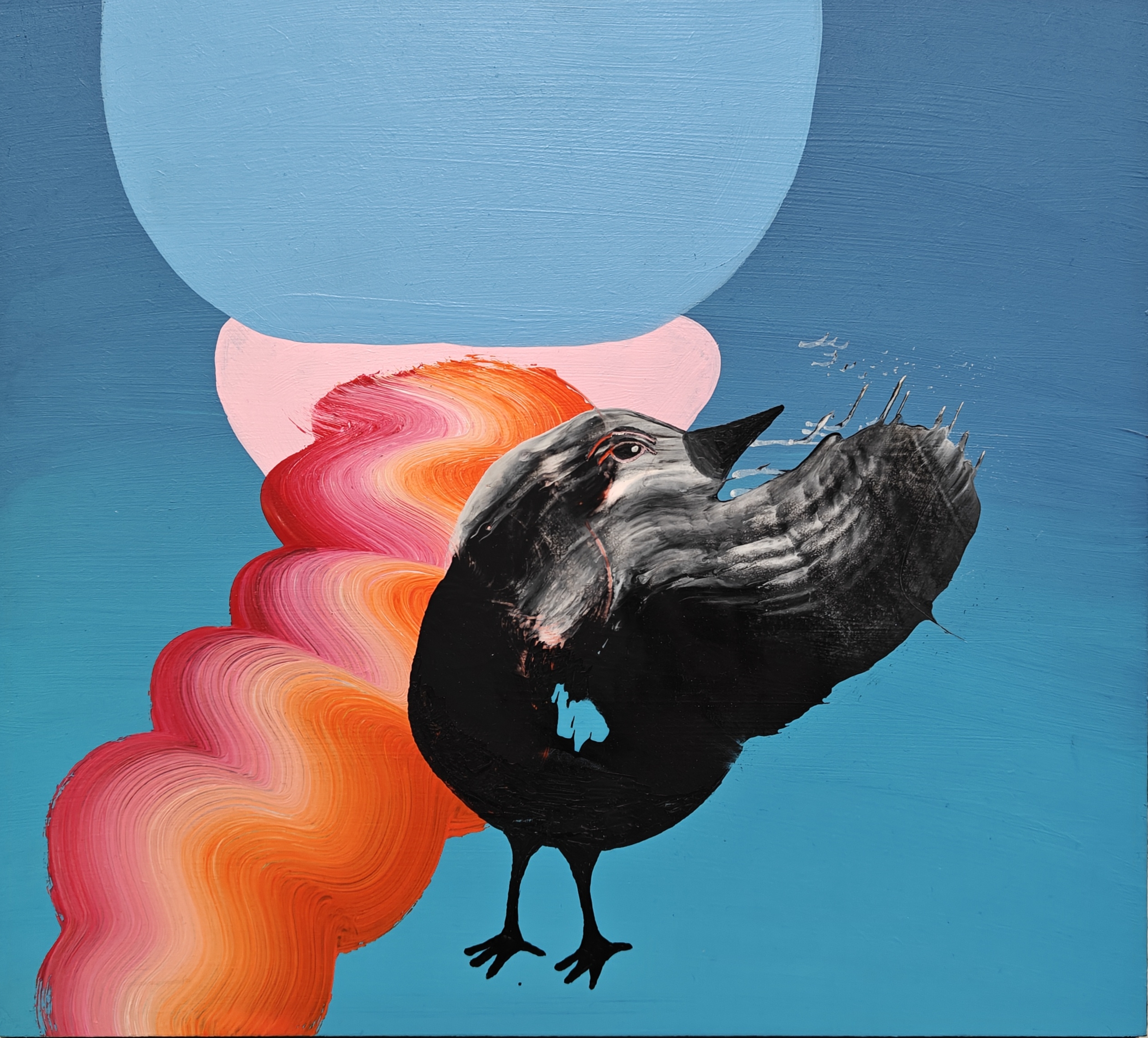 Abstrakti maalaus mustasta linnusta värikkäällä taustalla