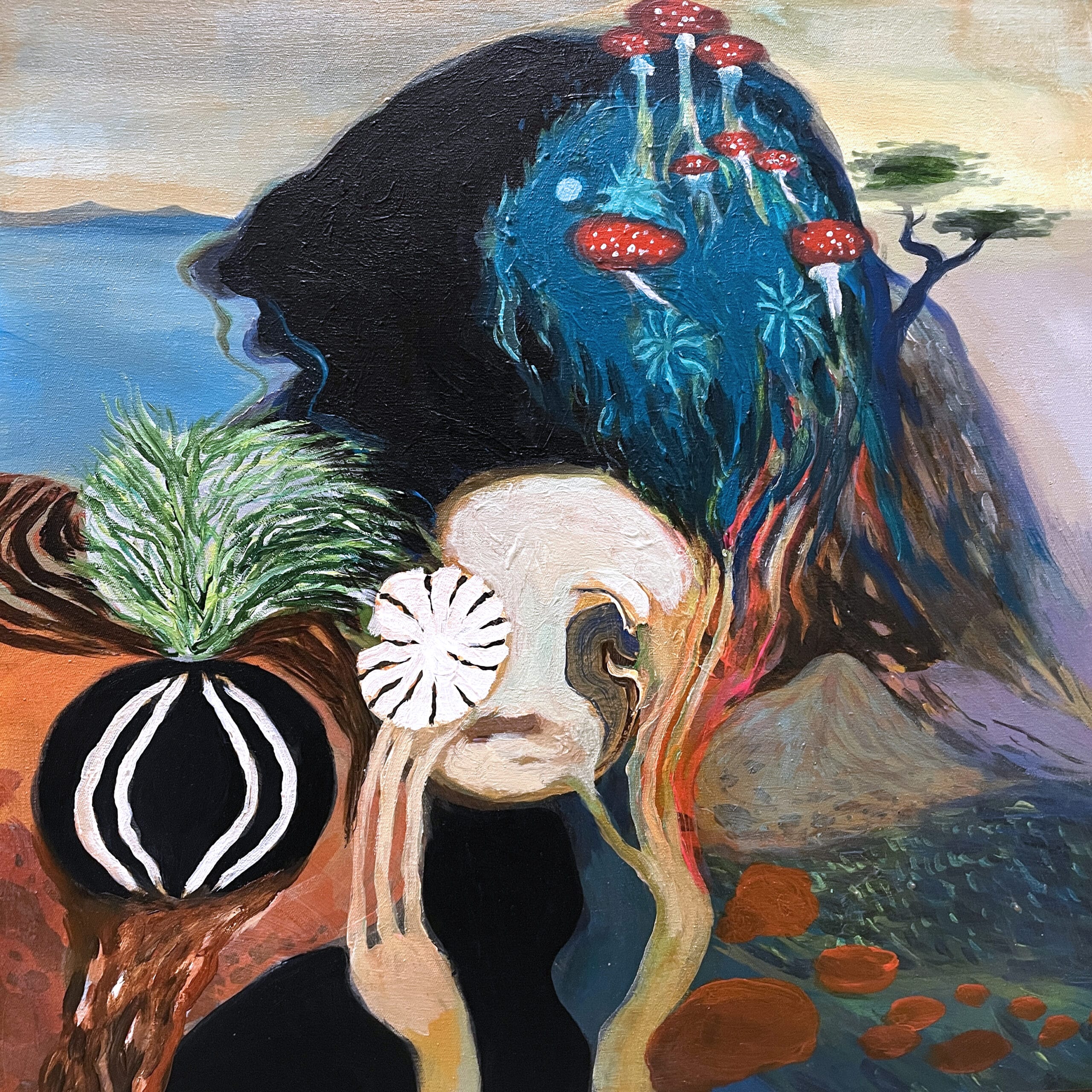 Abstrakti taidemaalaus sienistä ja vuoristomaisemasta