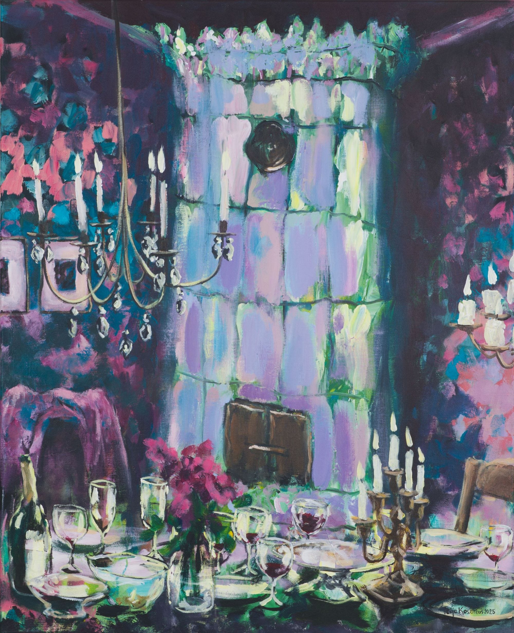 Maalaus upeasta juhlaillallisesta kynttilöiden valossa.