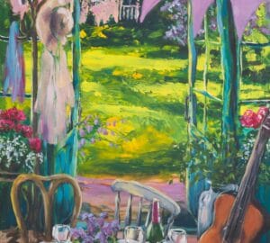 Kesäinen puutarhajuhla kukkien ja viinilasien kera