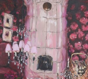 Taide, punainen huone, kattokruunu ja takka