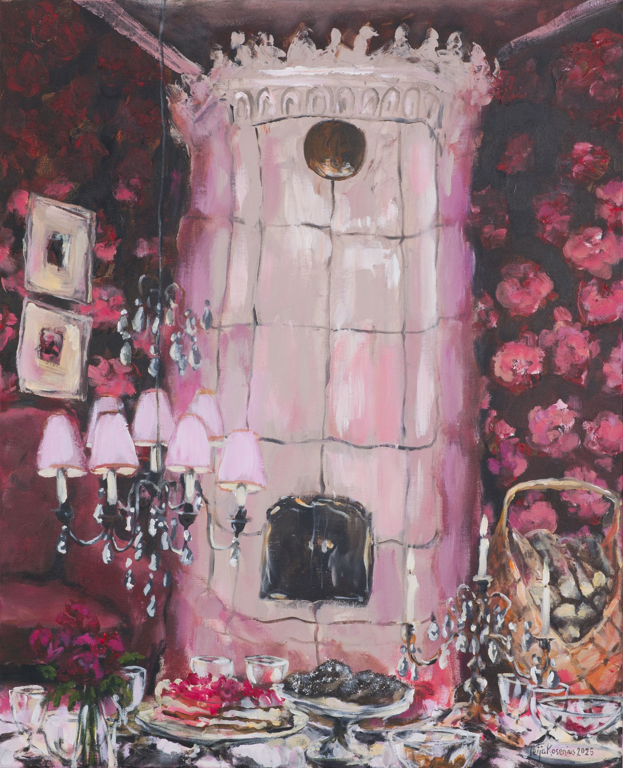 Taide, punainen huone, kattokruunu ja takka