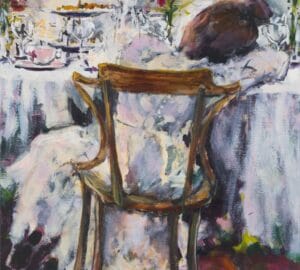 Nainen pöydässä, punaiset kukat, taidemaalaus