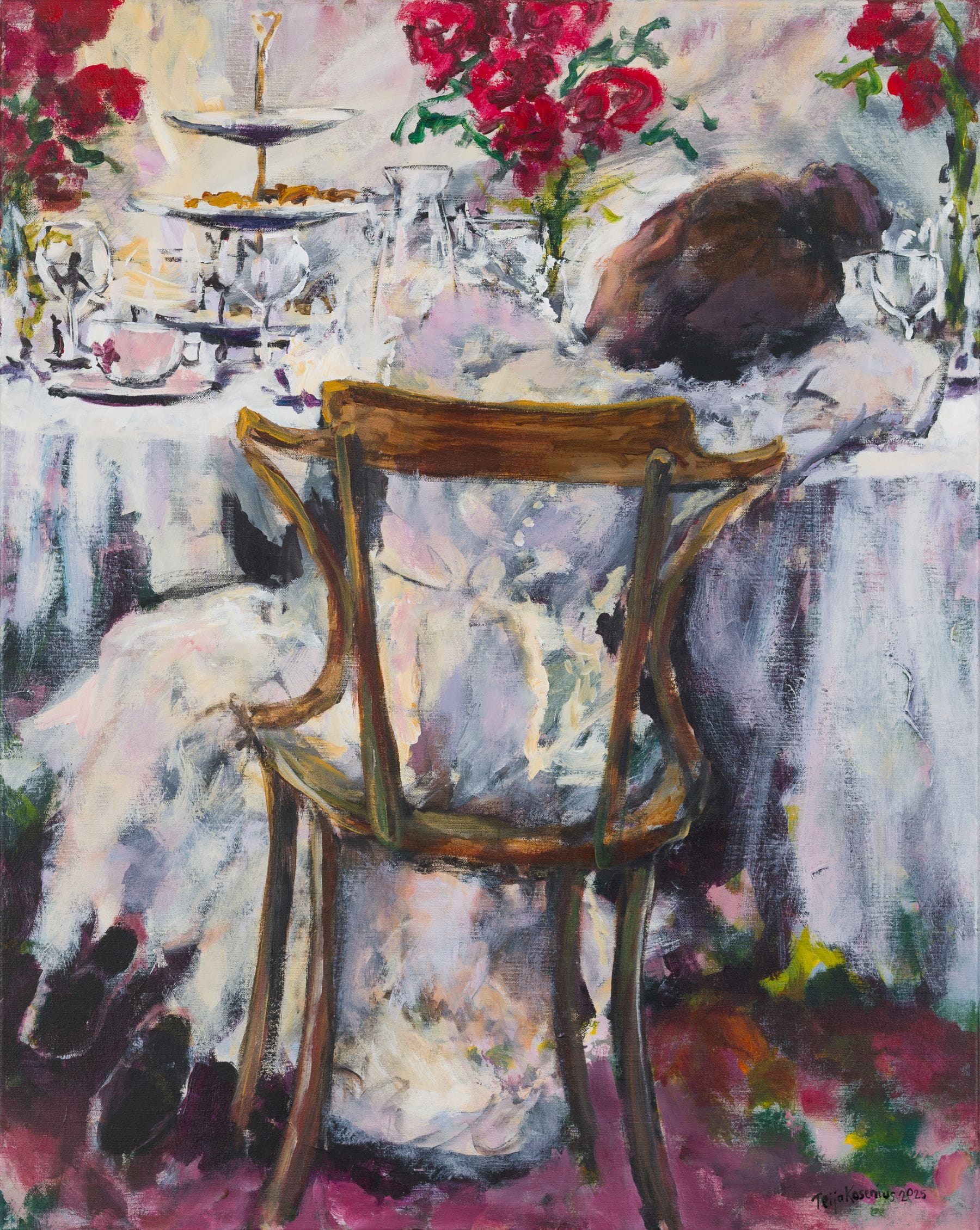 Nainen pöydässä, punaiset kukat, taidemaalaus