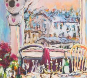 Värikäs maalaus koalasta ja kattauksesta.