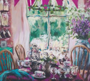 Värikäs maalaiskattauksen asetelma kukilla