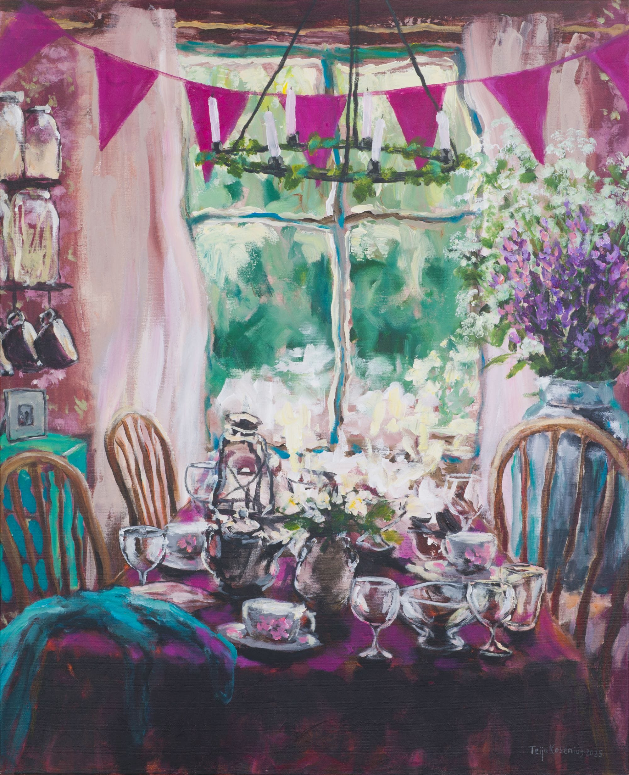 Värikäs maalaiskattauksen asetelma kukilla