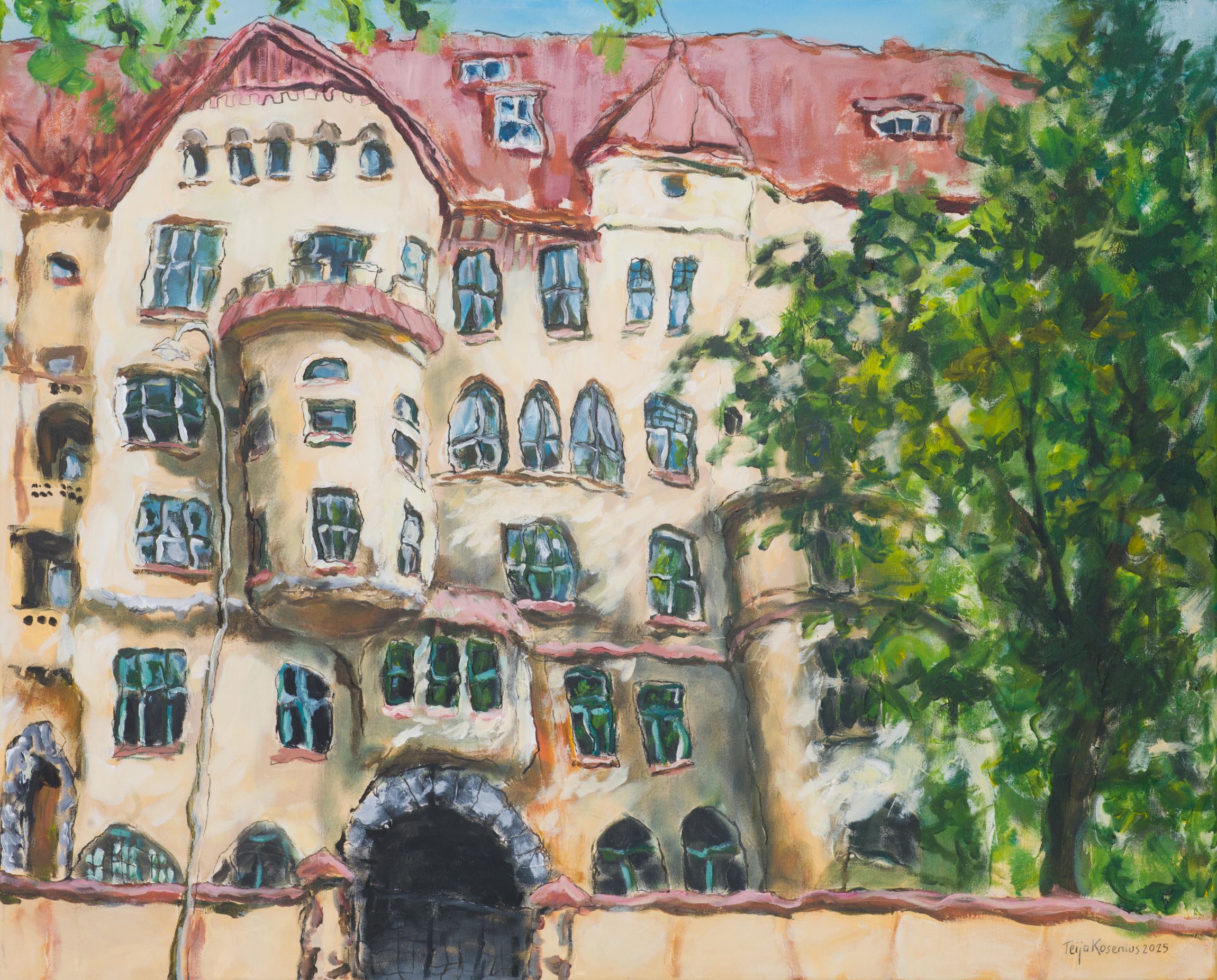 Värikäs maalaus vanhasta arkkitehtonisesta rakennuksesta ja puista.