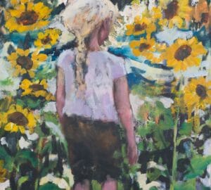 Tyttö auringonkukkien keskellä, taidemaalaus