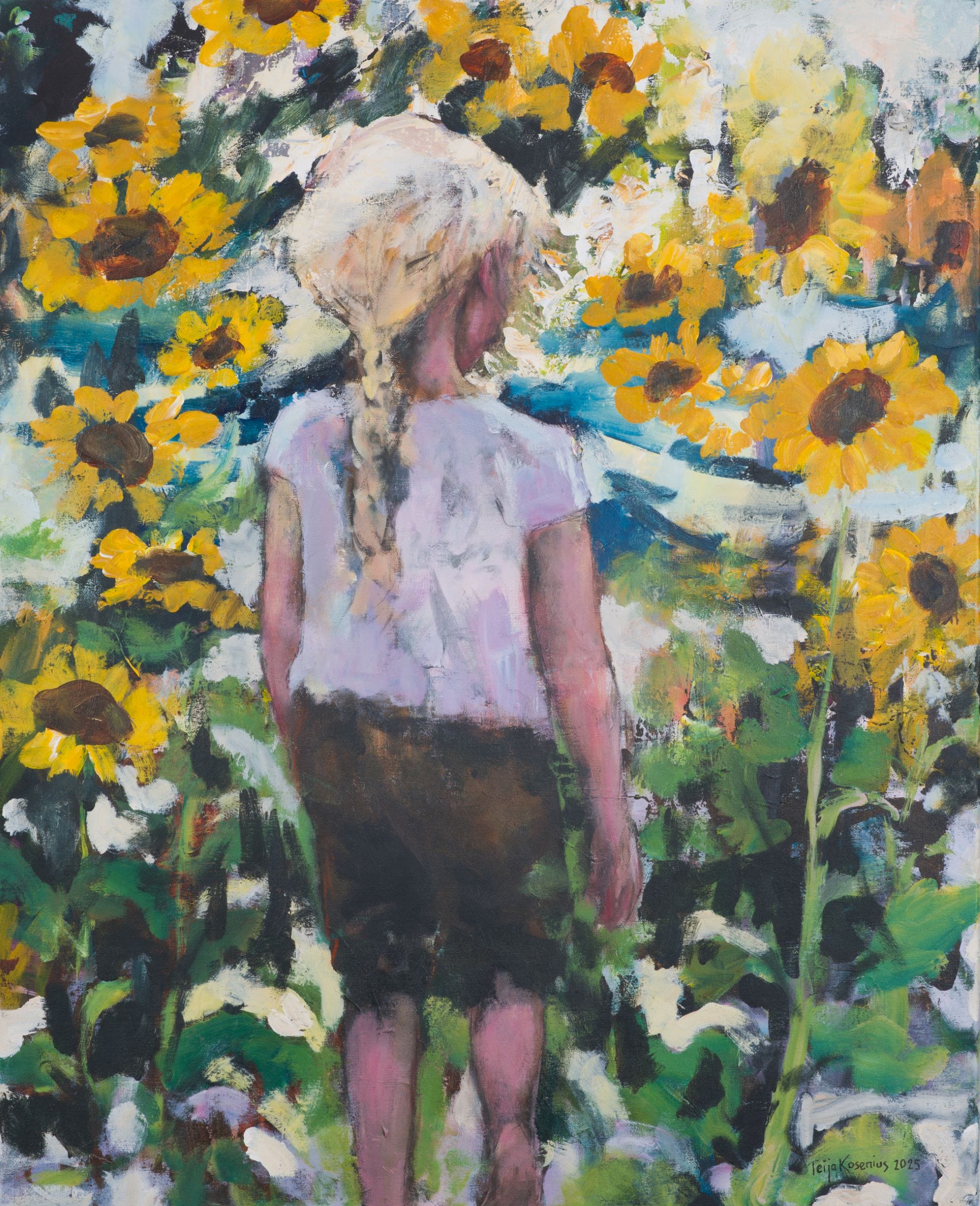 Tyttö auringonkukkien keskellä, taidemaalaus