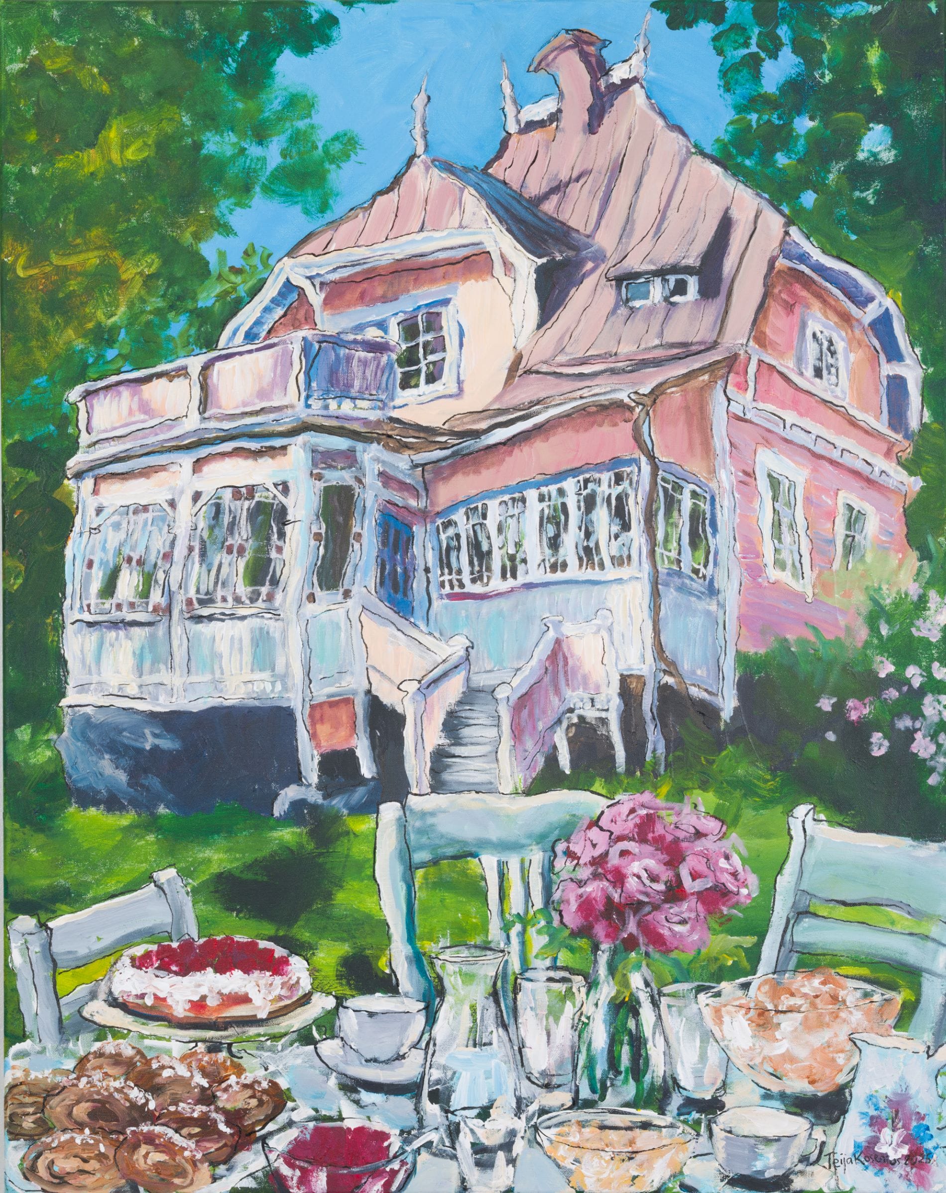 Vanha huvila ja puutarhajuhlat kesäisessä maalauksessa