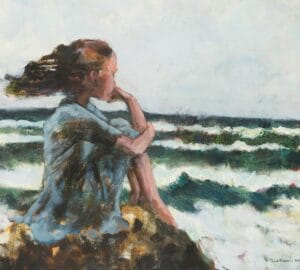 Ihminen istuu kalliolla katsellen merta ja aaltoja.