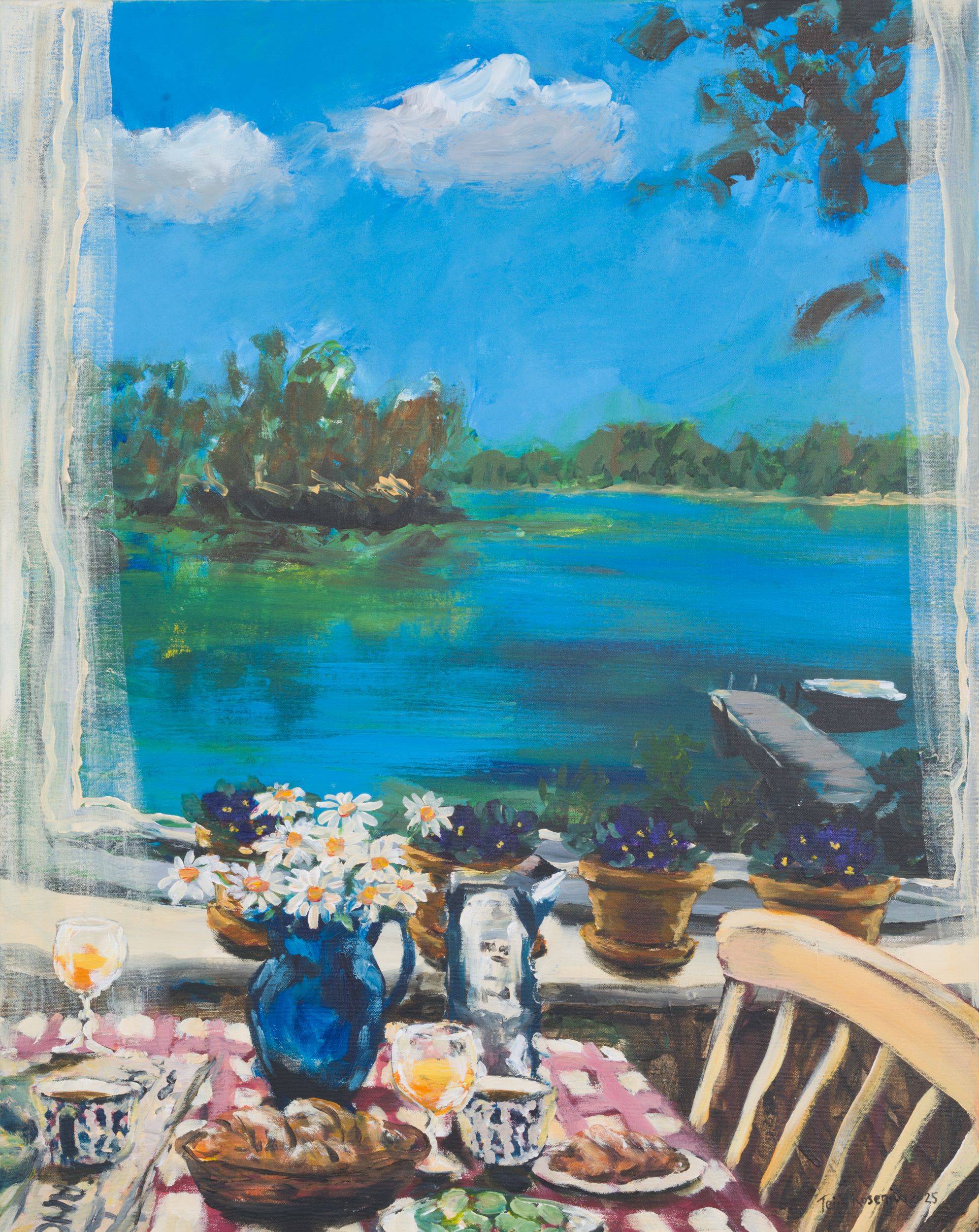 Rantamaisema, venevaja ja kukkia ikkunan kautta.