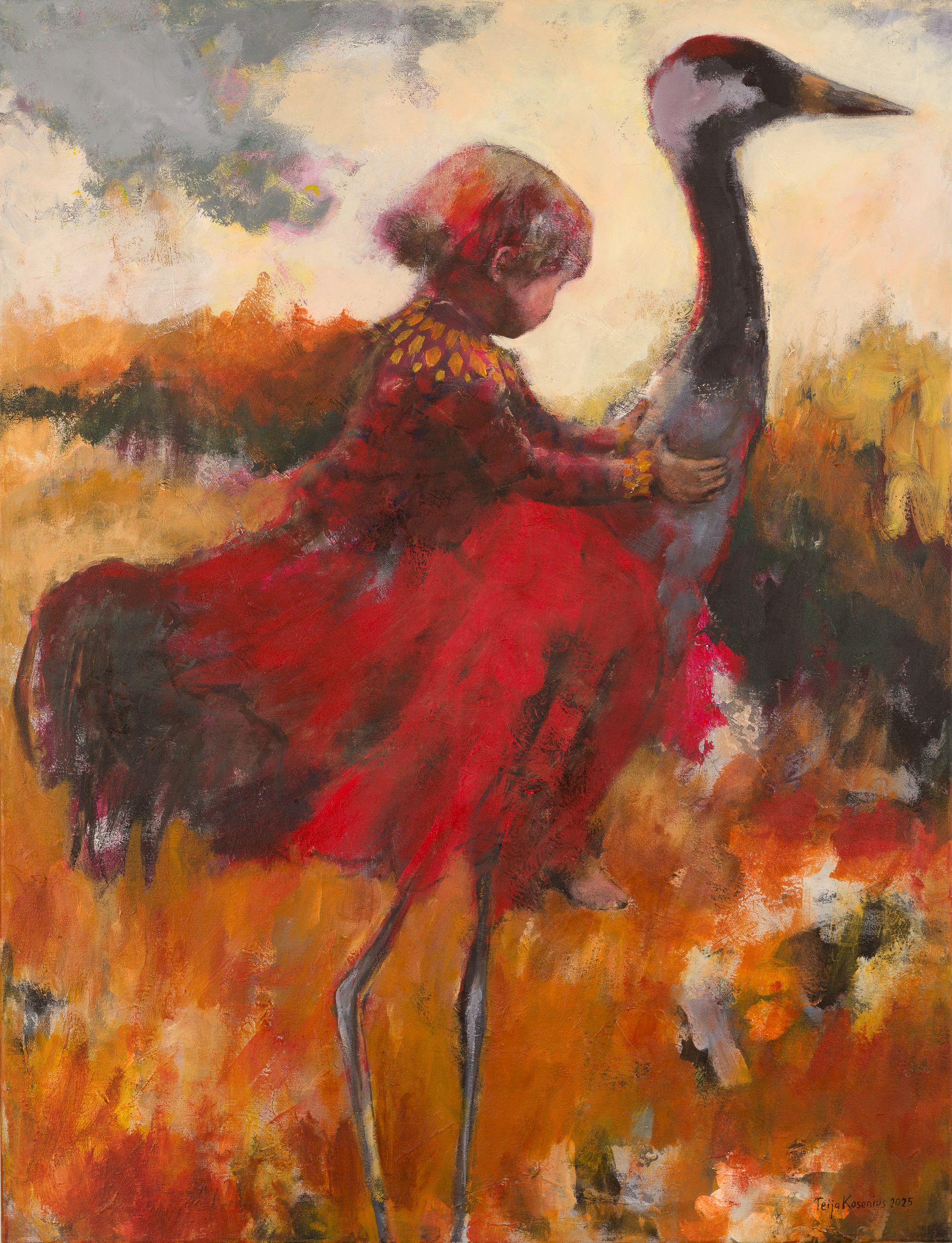 Lapsi istuu kurjen selässä, värikäs maalaus.