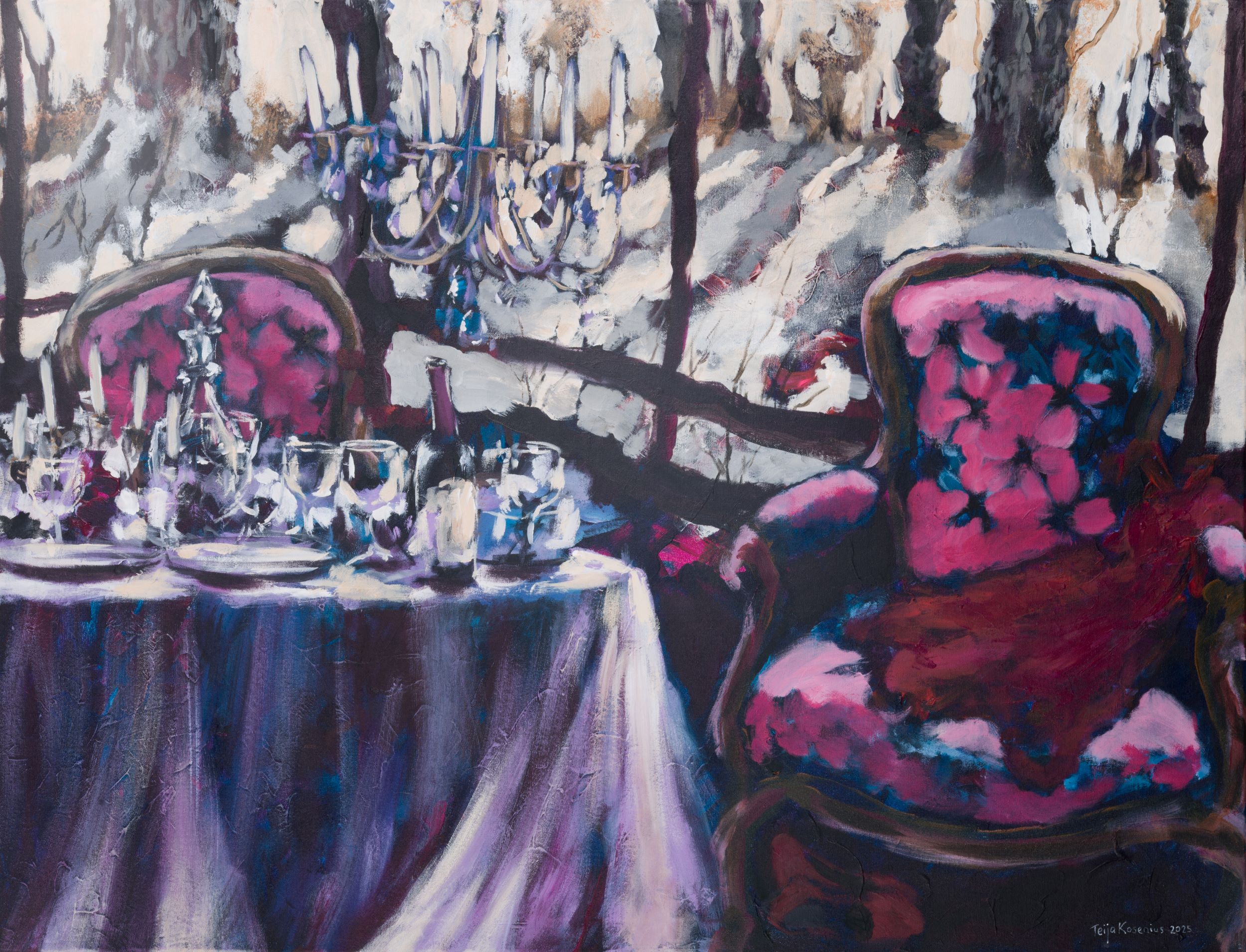 Taulu: kynttelikkö, lasit ja tuolit talvimaisemassa.