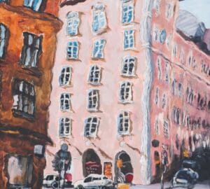 Maalaus korkeasta vaaleanpunaisesta rakennuksesta kadulla